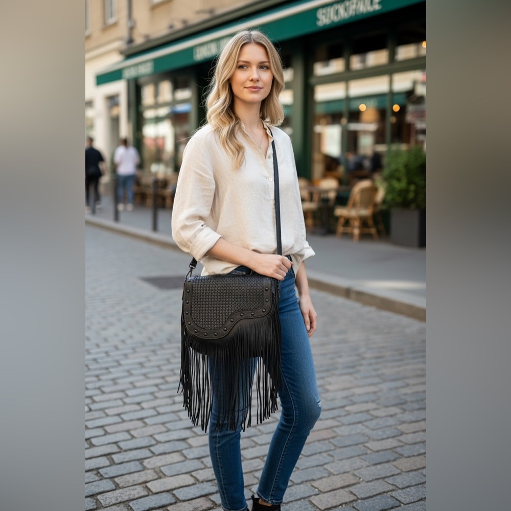 Rein and Bridle Fringe Crossbody Bag in Black